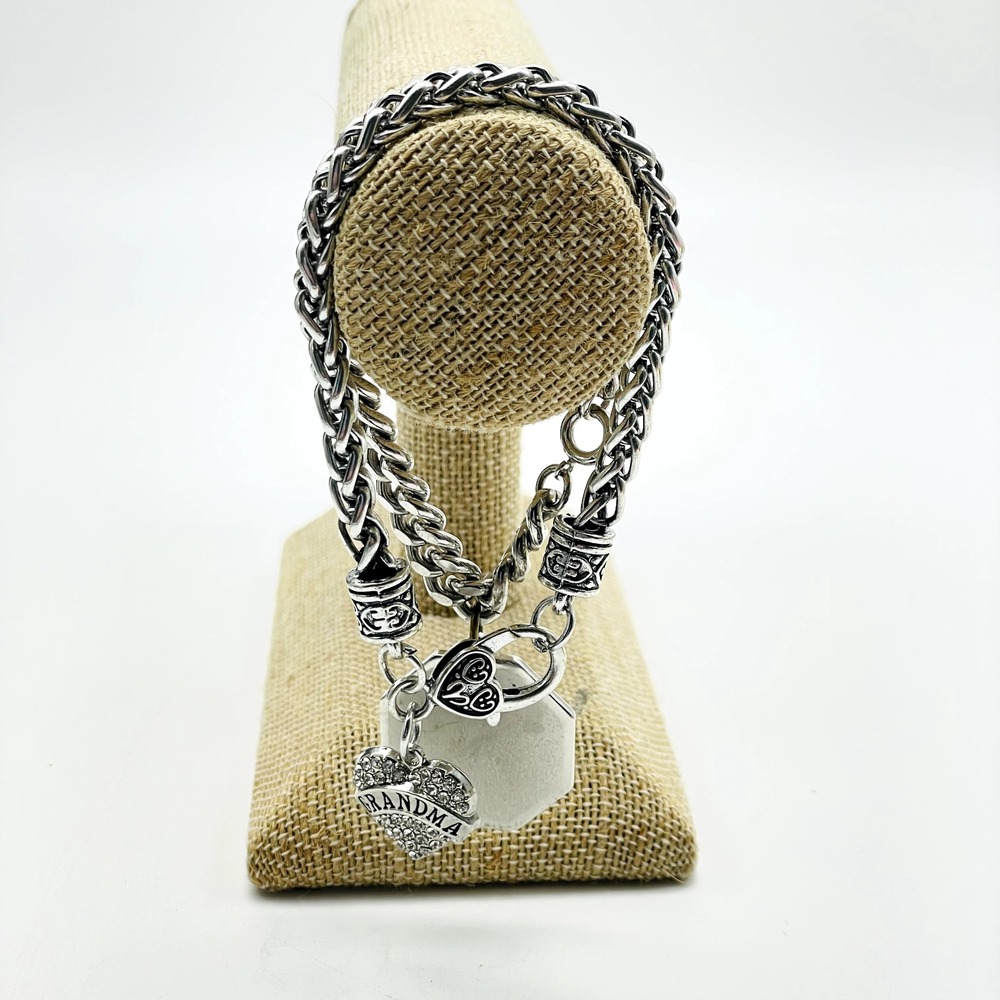 Silver Tone Chain Bracelets Lot of 2 Grandma Heart Charm Engravable Tag